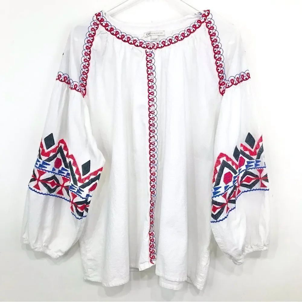 Cato White Cotton Black Red Blue Ethnic Embroidered Button Up Peasant Blouse